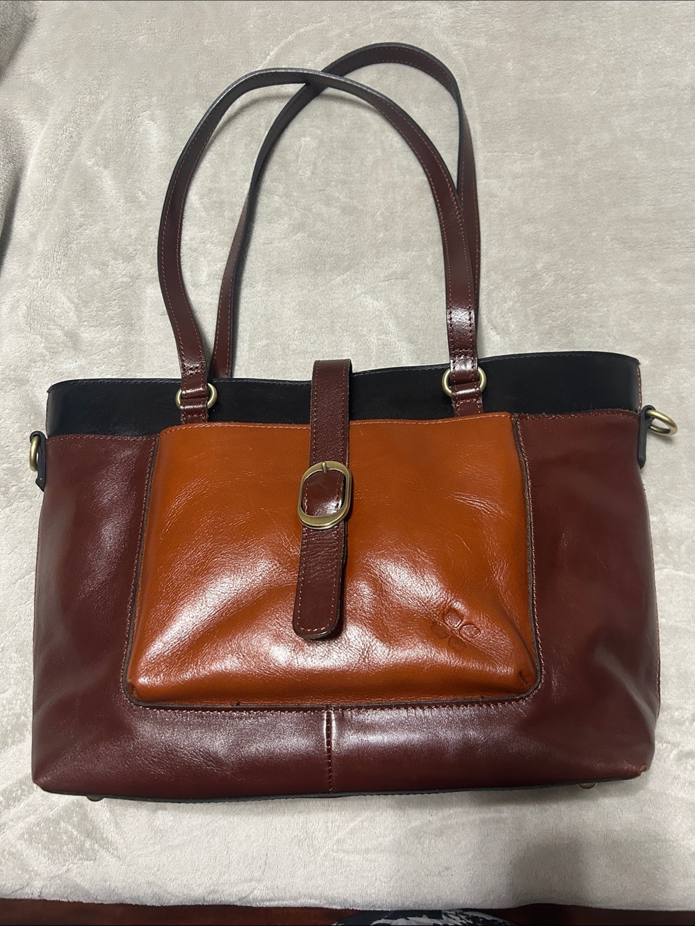 Patricia Nash Tri-Tone Leather Shoulder Tote in Burgundy, Cognac and Black
